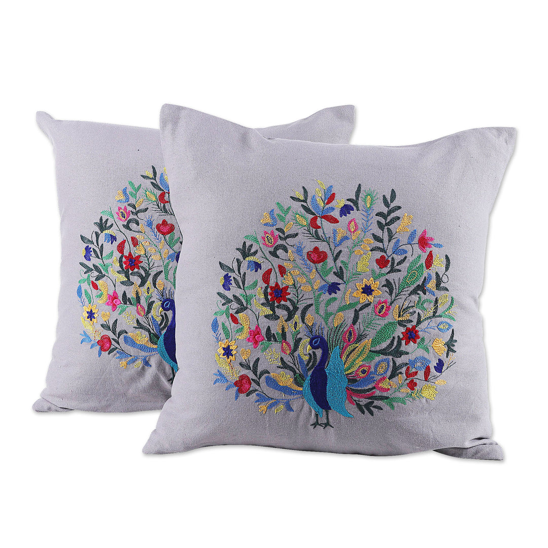 Rayon Embroidered Peacock Grey Cotton Cushion Covers (Pair) - Divine Peacock in Grey