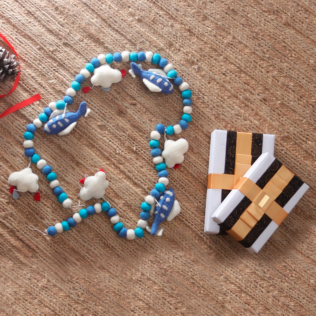 Cloud-Themed Blue and White Wool Felt Garland from India - Sky Celebration