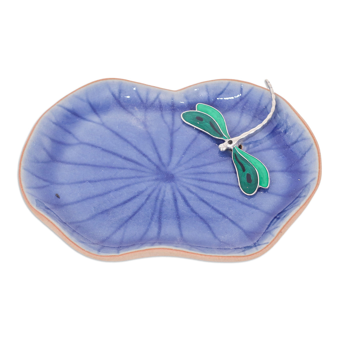 Handcrafted Blue Dragonfly-Themed Celadon Ceramic Catchall - Dreamy Dragonfly