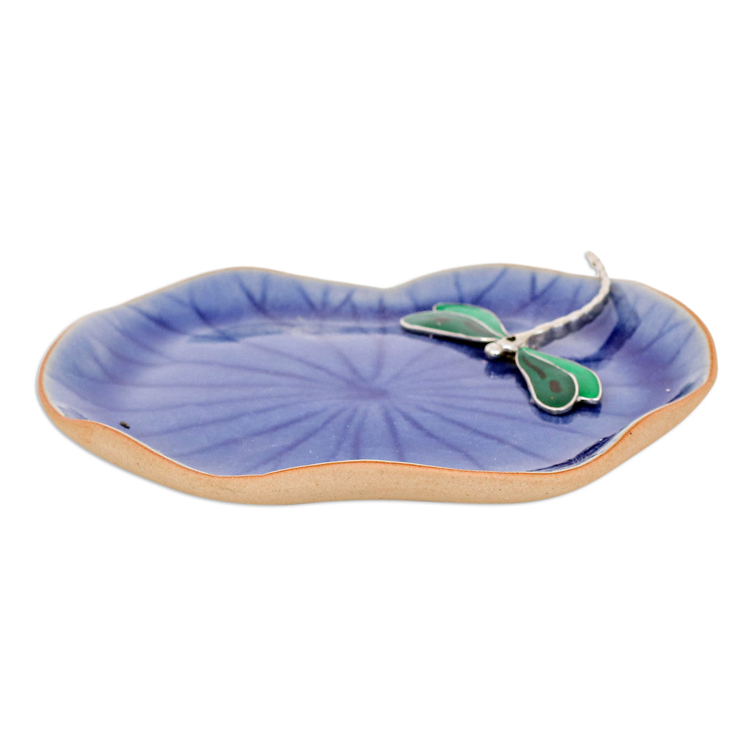 Handcrafted Blue Dragonfly-Themed Celadon Ceramic Catchall - Dreamy Dragonfly