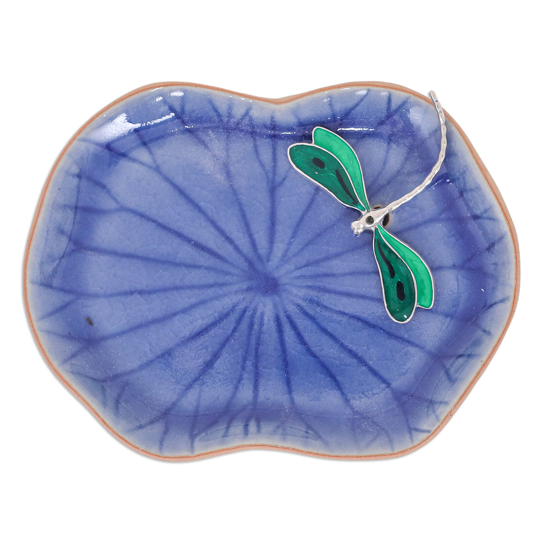 Handcrafted Blue Dragonfly-Themed Celadon Ceramic Catchall - Dreamy Dragonfly