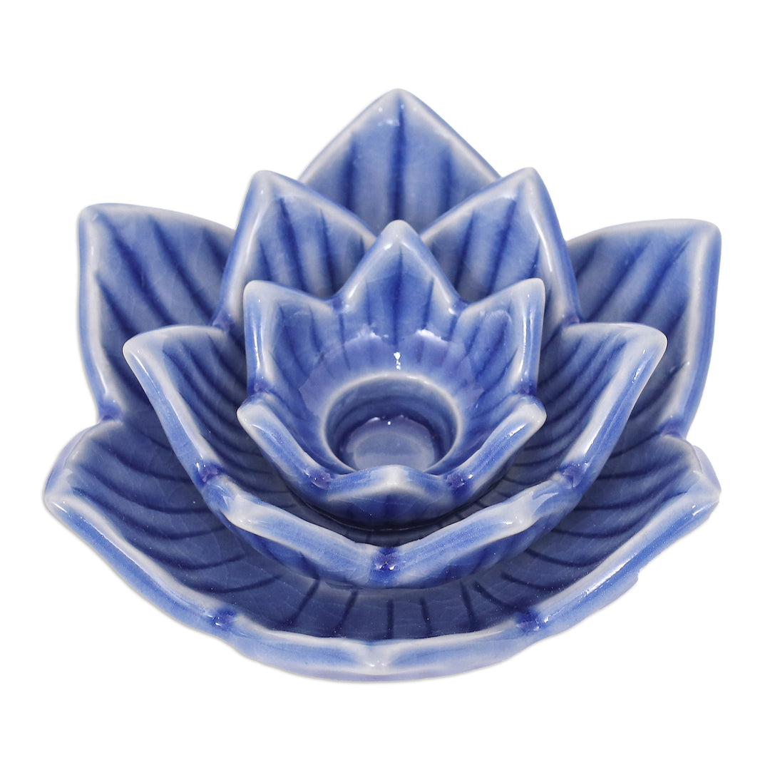 Blue Celadon Ceramic Candle Holder Handmade in Thailand - Lotus Flower in Blue