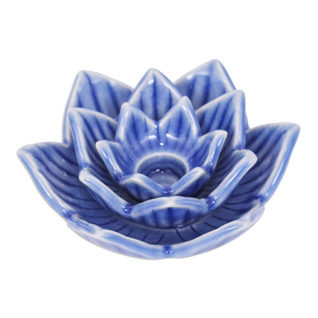 Blue Celadon Ceramic Candle Holder Handmade in Thailand - Lotus Flower in Blue