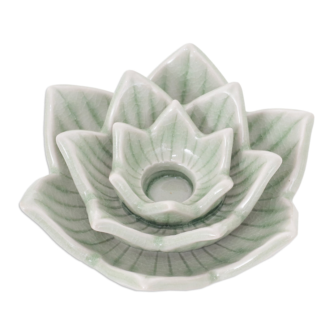 Celadon Ceramic Green Candle Holder Handmade in Thailand - Lotus Flower in Green