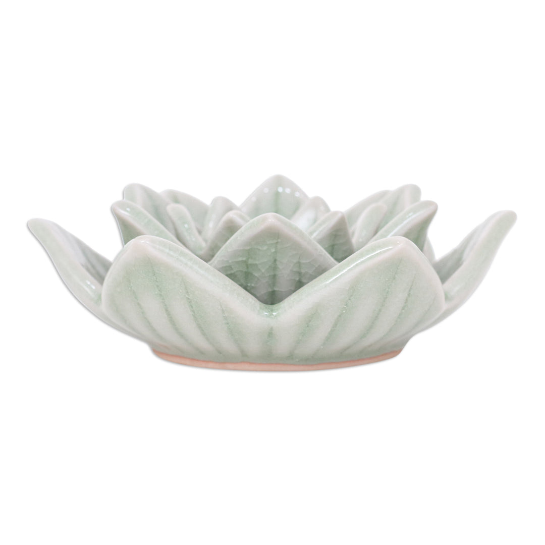 Celadon Ceramic Green Candle Holder Handmade in Thailand - Lotus Flower in Green