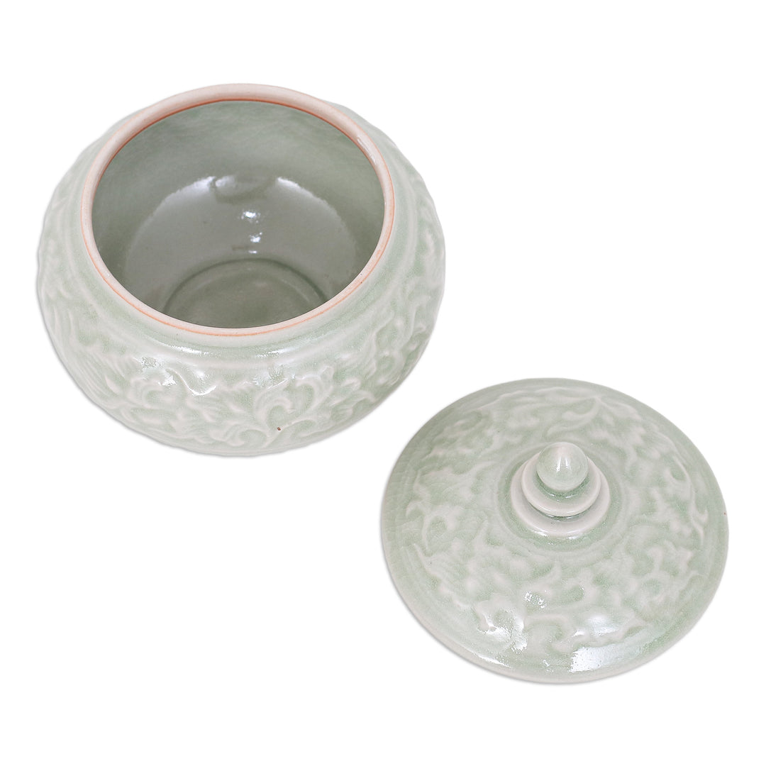 Thai Celadon Ceramic Decorative Leaf-Themed Jar in Green - Luxurious Green