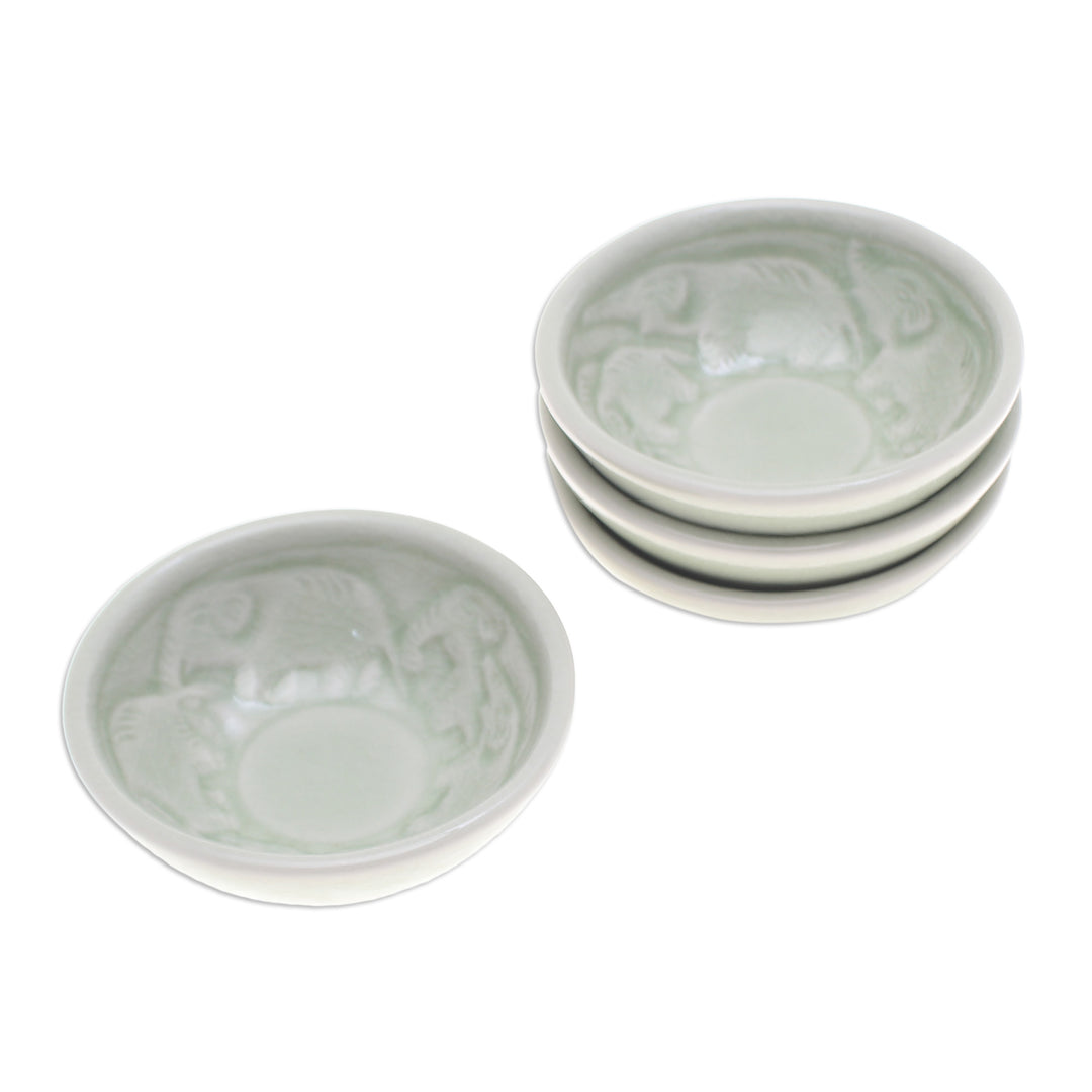 4 Green Celadon Ceramic Elephant Themed Appetizer Bowls - Elephant Herd