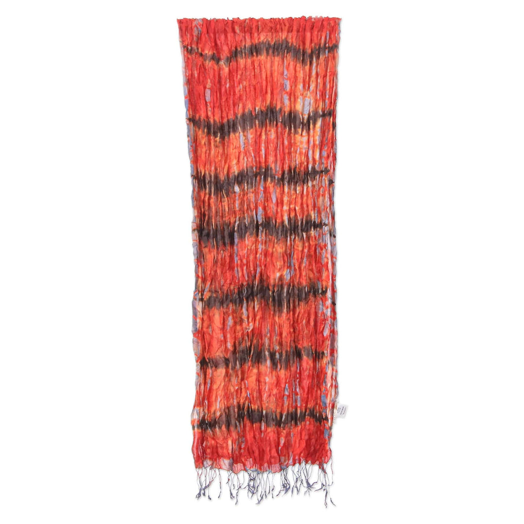 Handmade Orange and Red Tie-dyed Silk Scarf with Fringes - Flames & Fashion
