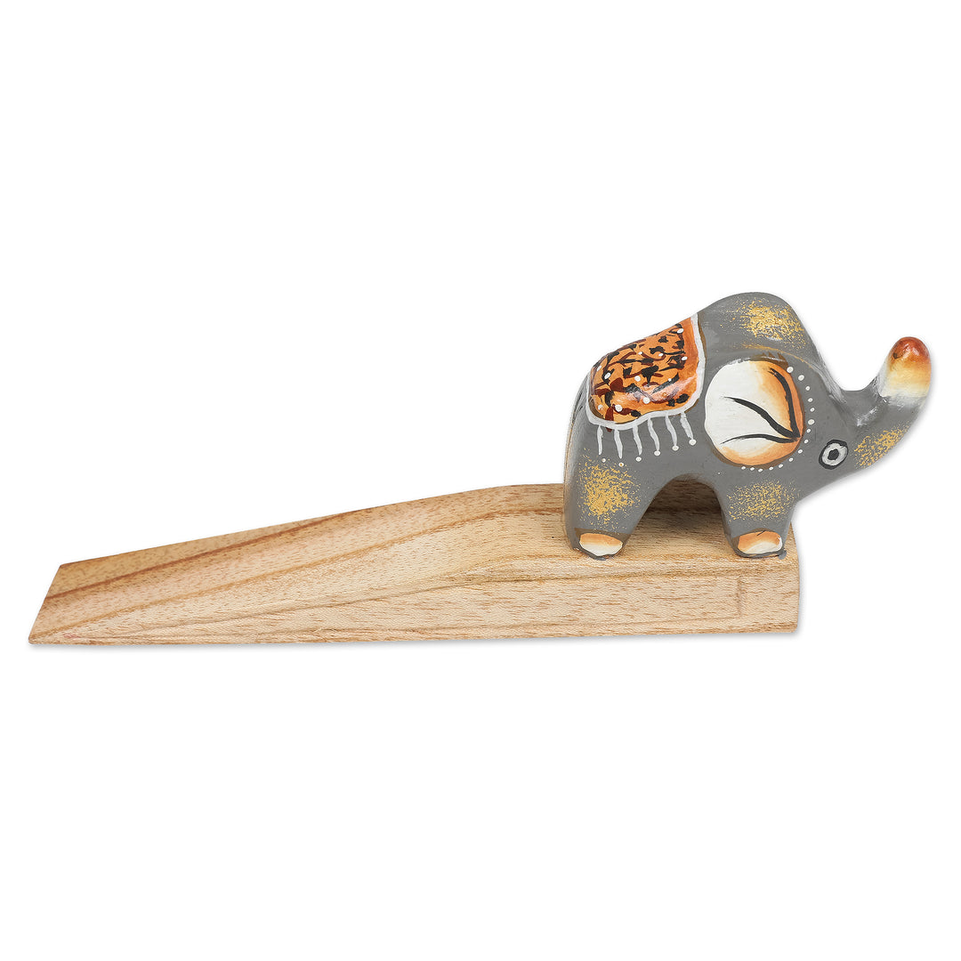 Handcrafted Elephant-Themed Grey Jempinis Wood Door Stopper - Tiny Giant