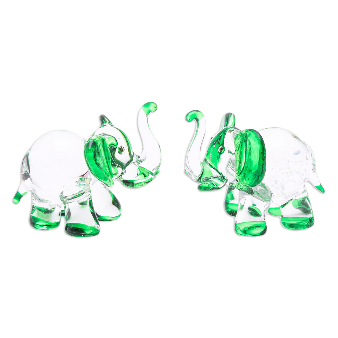 Set of 2 Elephant-Themed Handblown Glass Figurines in Green - Hope Trunks