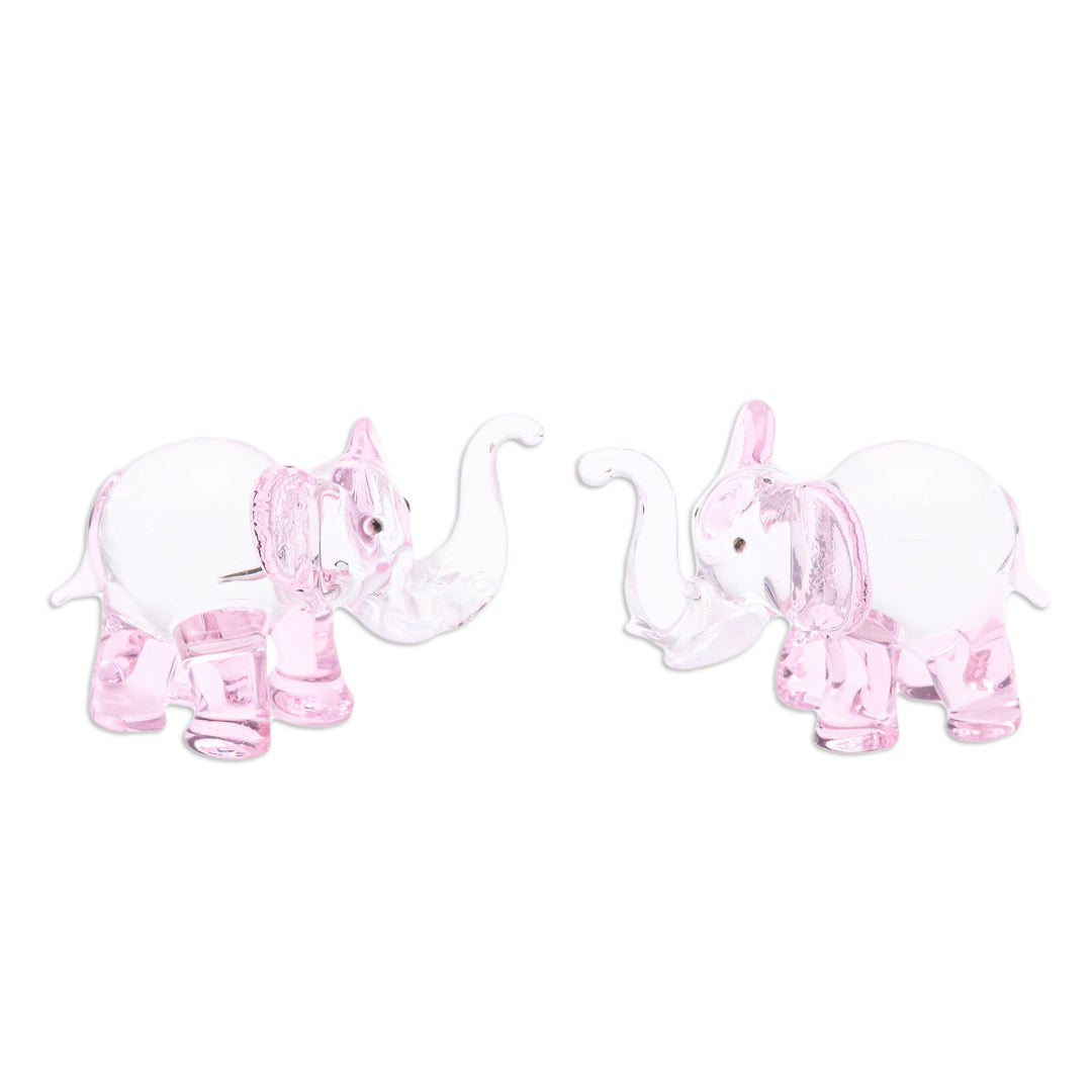 Pair of Pink-Toned Handblown Glass Elephant Figurines - The Pink Giants