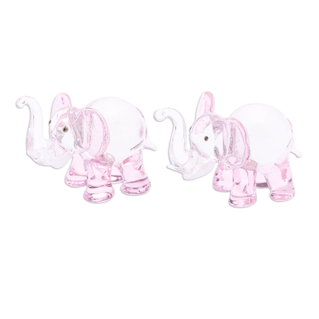 Pair of Pink-Toned Handblown Glass Elephant Figurines - The Pink Giants