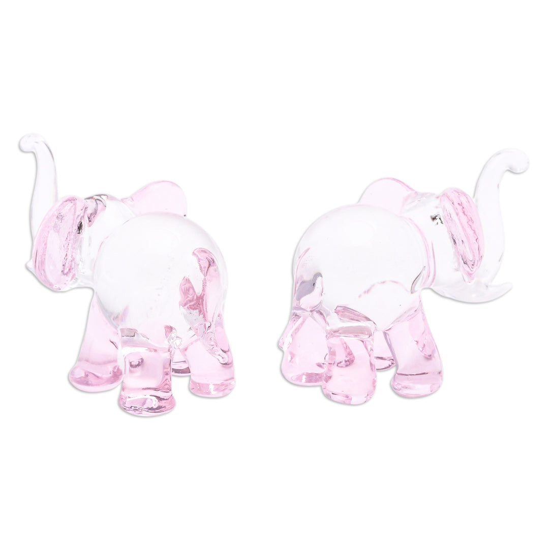 Pair of Pink-Toned Handblown Glass Elephant Figurines - The Pink Giants