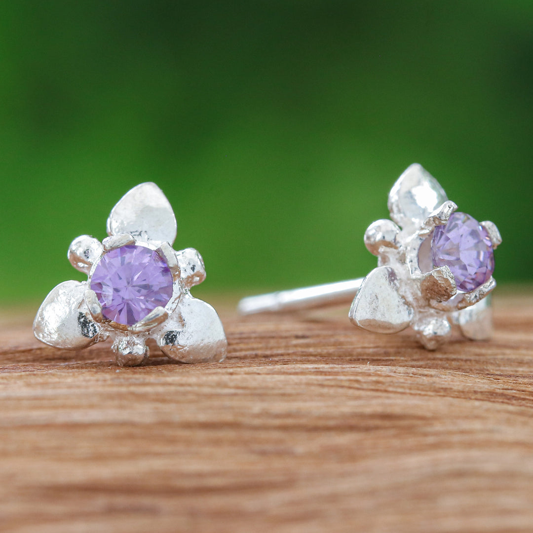 Flower-Themed Polished Faceted Amethyst Stud Earrings - Wisdom Flora