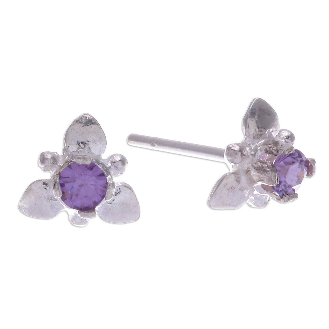 Flower-Themed Polished Faceted Amethyst Stud Earrings - Wisdom Flora