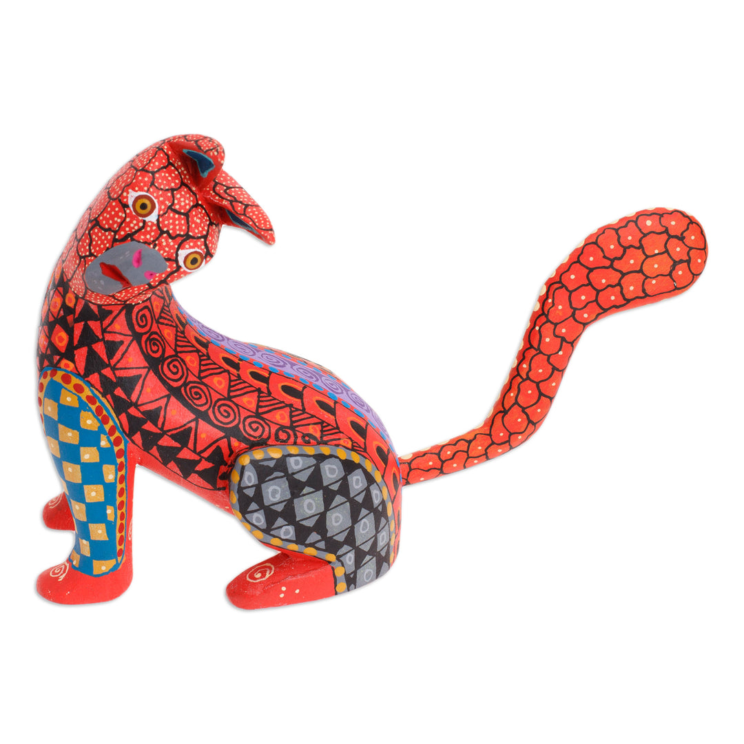 Wood Cat Alebrije Figurine in Red Hand-Painted in Mexico - Curious Cat in Red