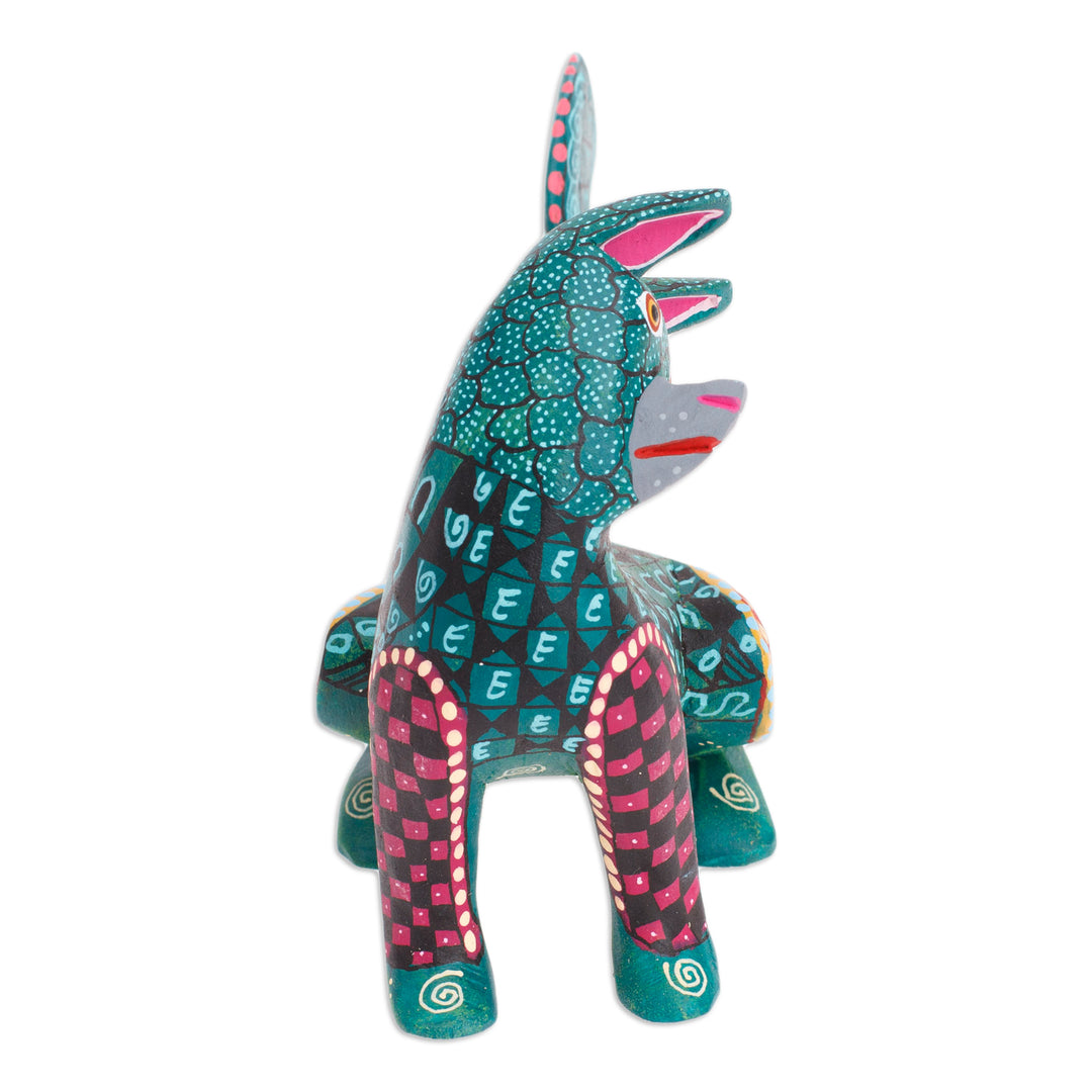 Wood Cat Alebrije Figurine in Green Hand-Painted in Mexico - Curious Cat in Green