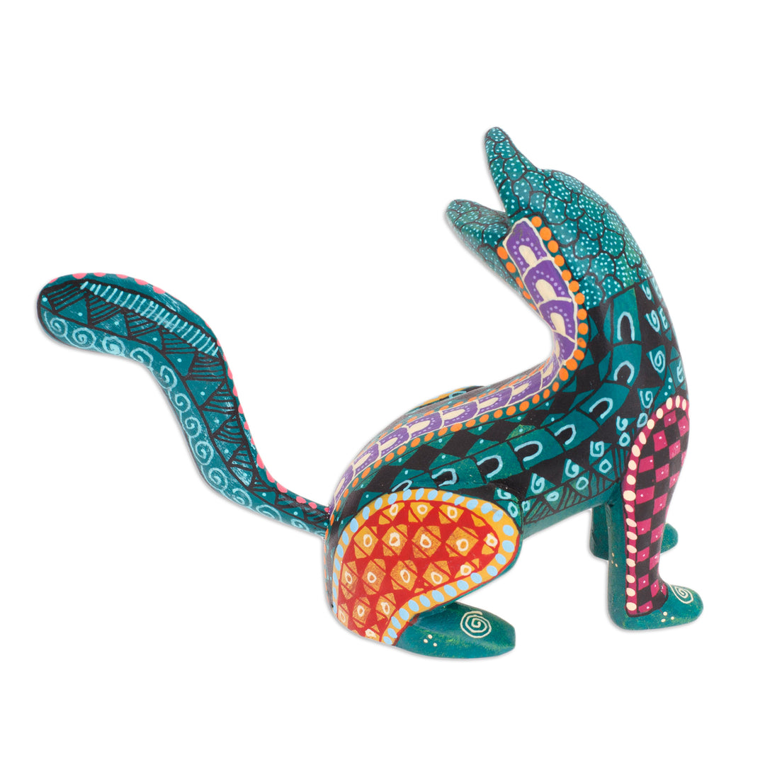 Wood Cat Alebrije Figurine in Green Hand-Painted in Mexico - Curious Cat in Green