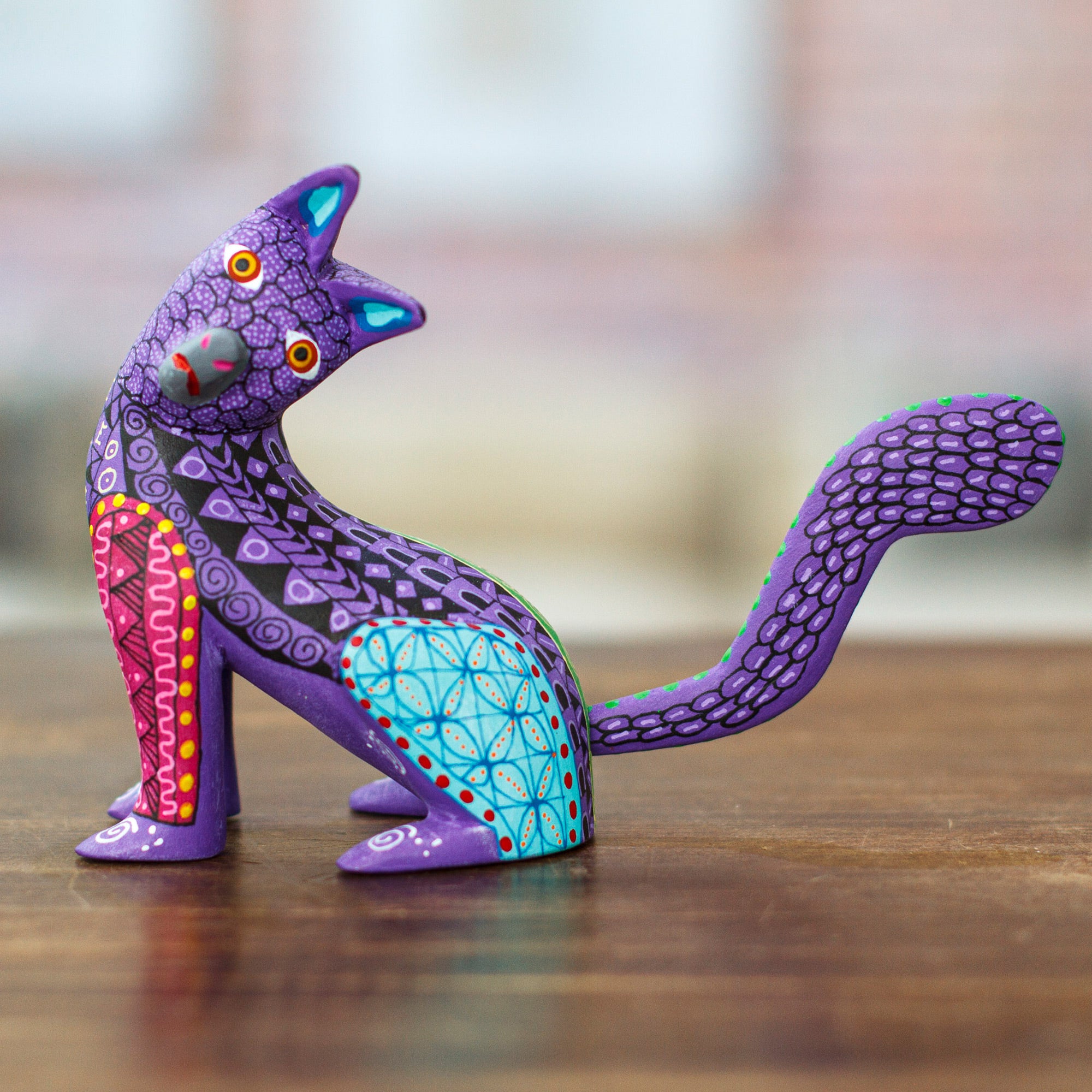 Wood Cat Alebrije Figurine in Purple Hand-Painted in Mexico