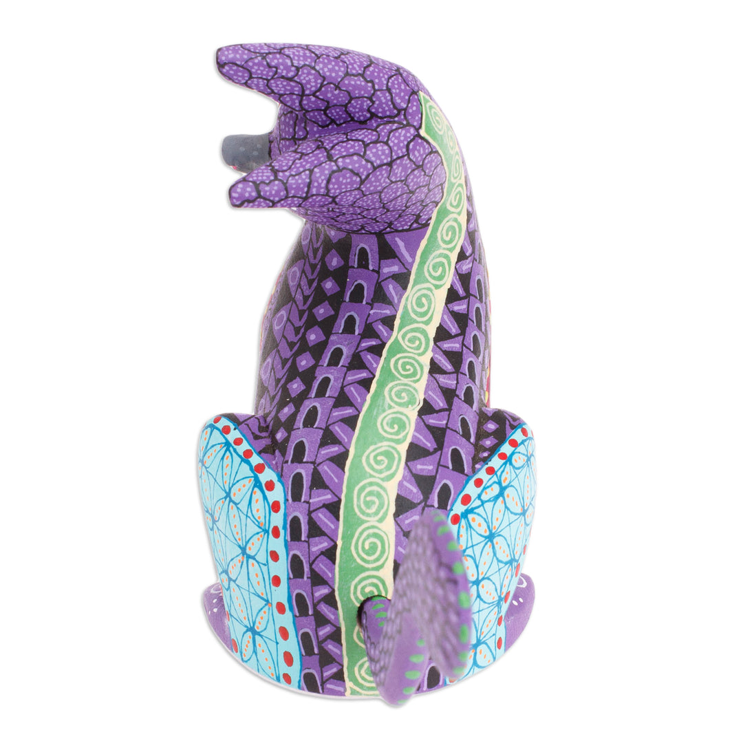 Wood Cat Alebrije Figurine in Purple Hand-Painted in Mexico - Curious Cat in Purple