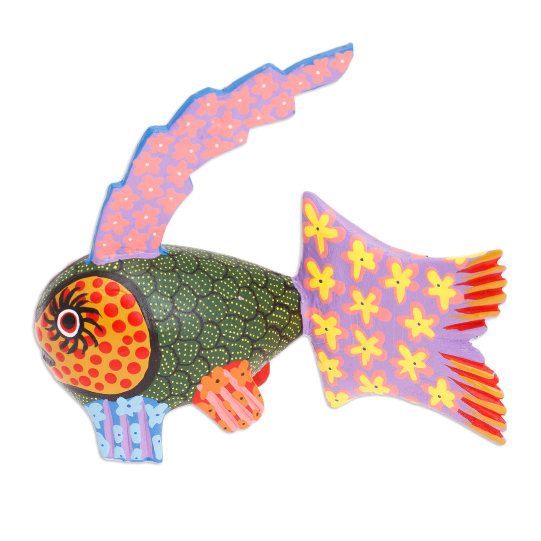 Hand-Painted Wood Fish Alebrije Figurine in Green and Purple - Petite Fish in Green