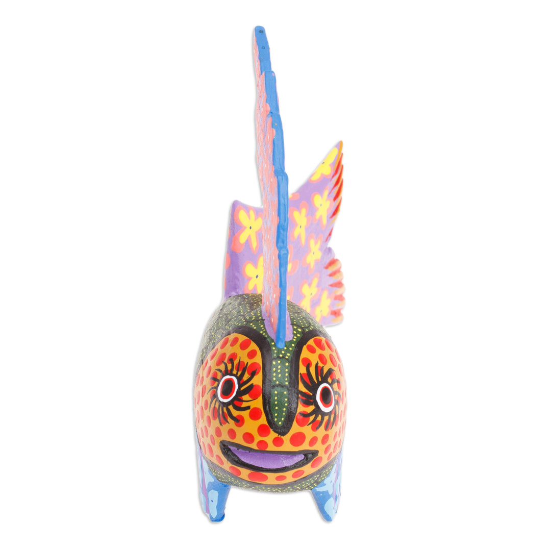 Hand-Painted Wood Fish Alebrije Figurine in Green and Purple - Petite Fish in Green