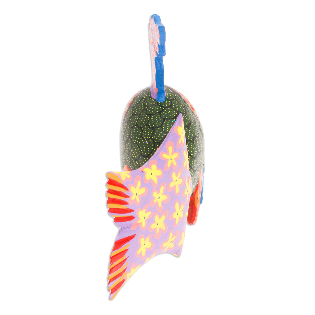Hand-Painted Wood Fish Alebrije Figurine in Green and Purple - Petite Fish in Green