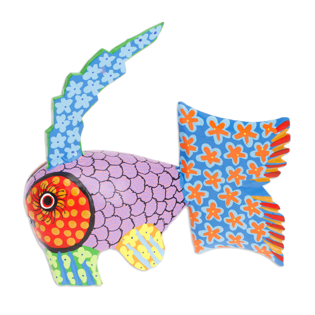 Hand-Painted Wood Fish Alebrije Figurine with Floral Motifs - Petite Fish in Purple