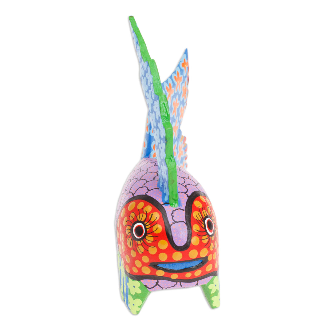 Hand-Painted Wood Fish Alebrije Figurine with Floral Motifs - Petite Fish in Purple
