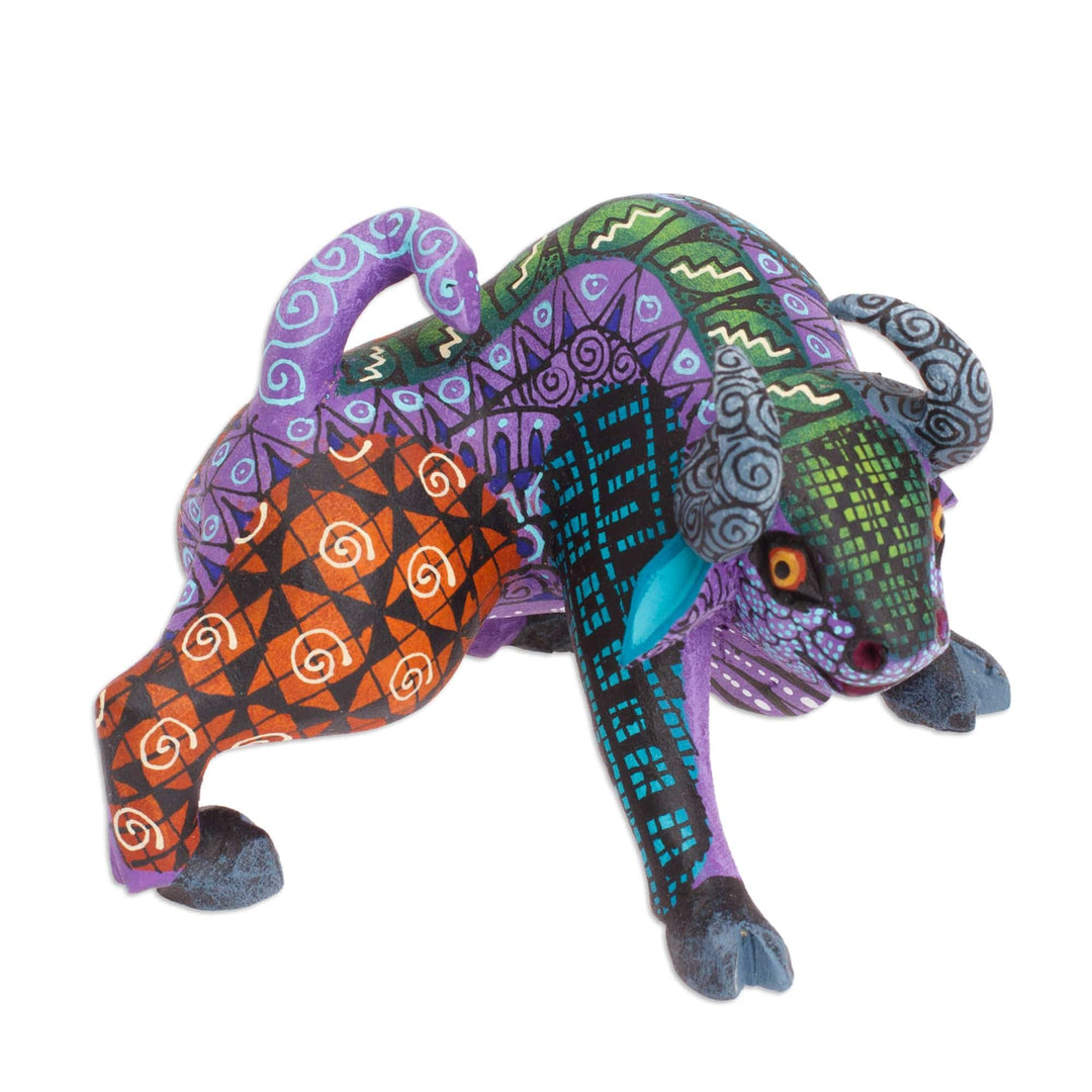 Hand-Painted Wood Bull Alebrije Figurine in Purple & Orange - Little Purple Bull