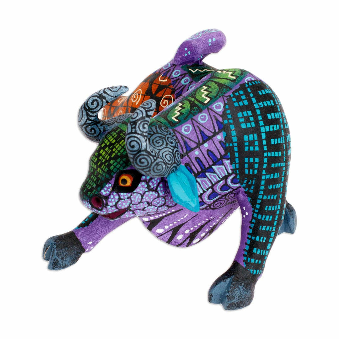 Hand-Painted Wood Bull Alebrije Figurine in Purple & Orange - Little Purple Bull