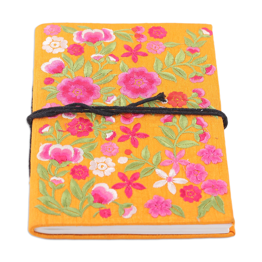 Floral Pink and Saffron Rayon-Embroidered Journal from India - Saffron of Blossoms