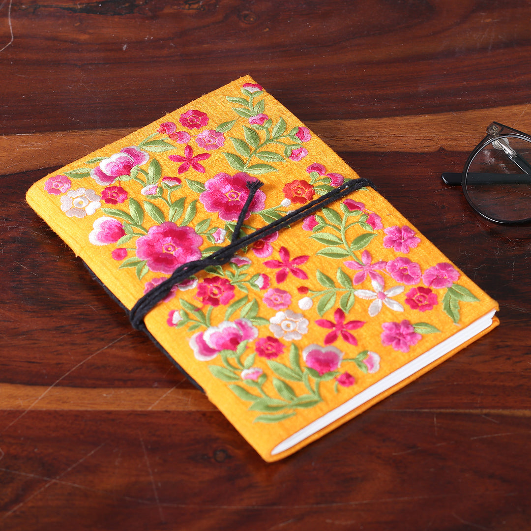 Floral Pink and Saffron Rayon-Embroidered Journal from India - Saffron of Blossoms