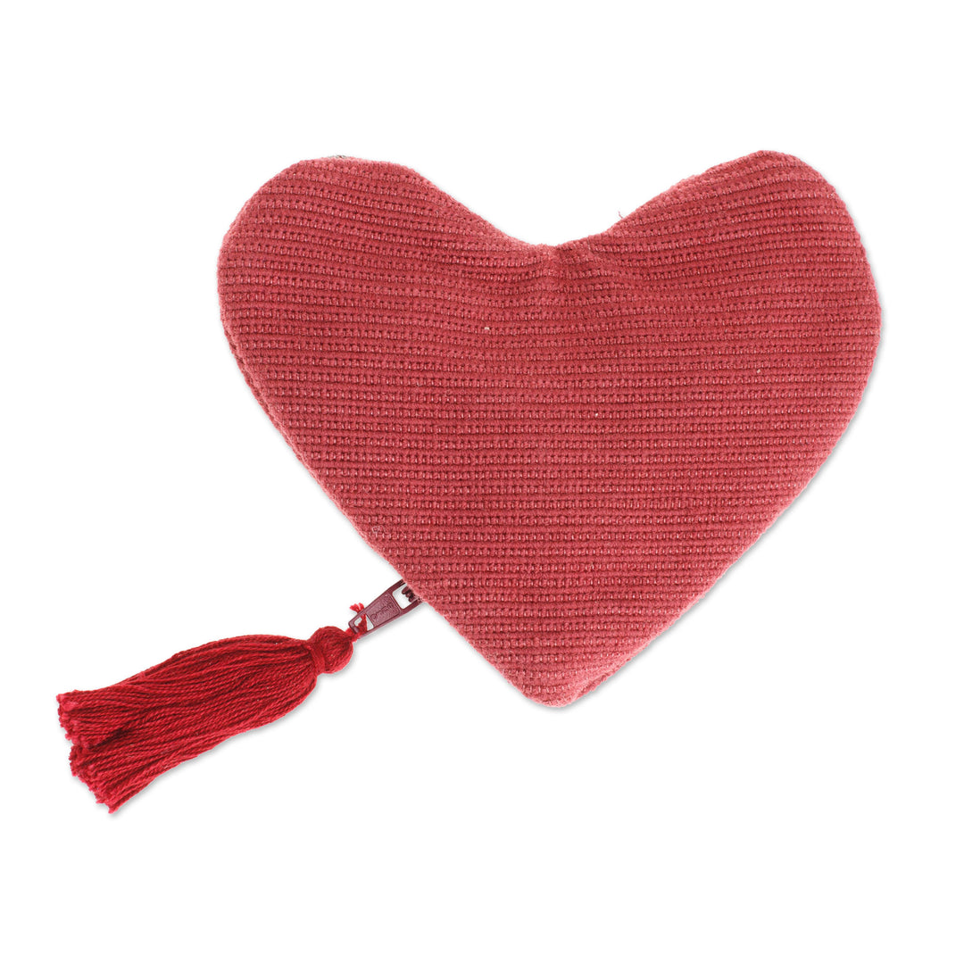 Embroidered Floral Heart-Shaped Burgundy Cotton Coin Purse - Frugal Romance