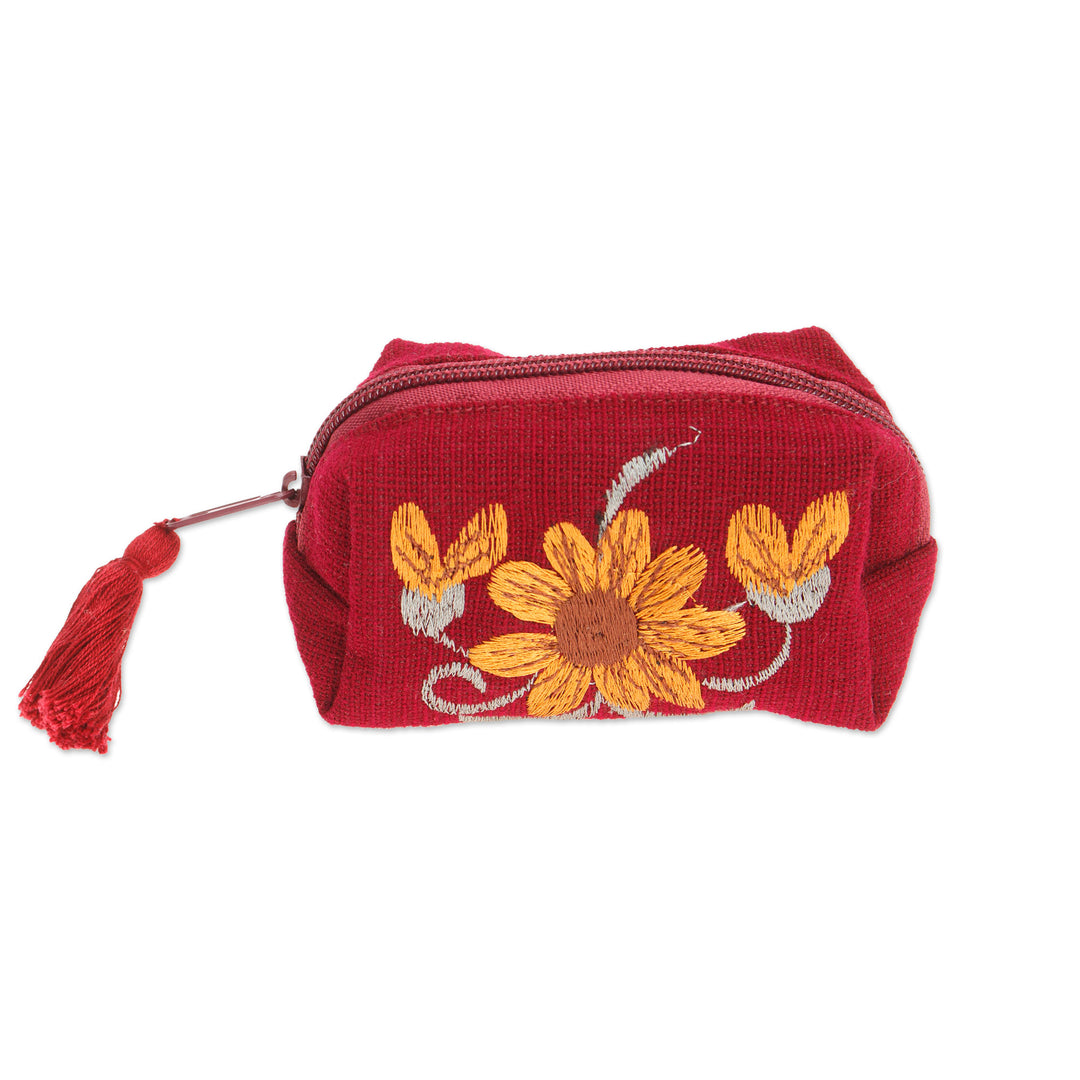 Embroidered Floral Burgundy and Marigold Cotton Coin Purse - Burgundy Spring