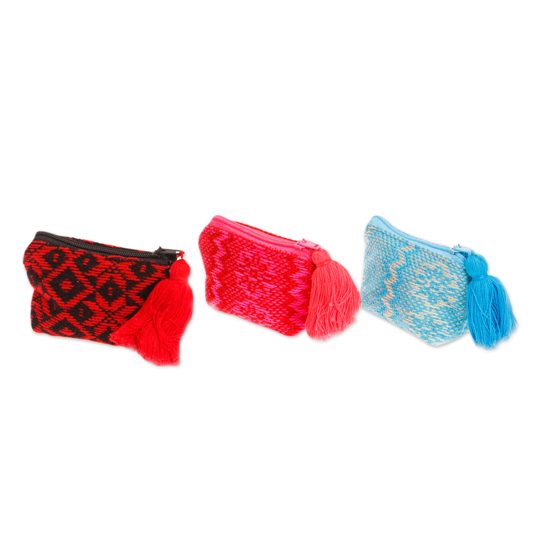 Set of 3 Handmade Geometric Cotton Coin Purses from Mexico - Mini-Geometry