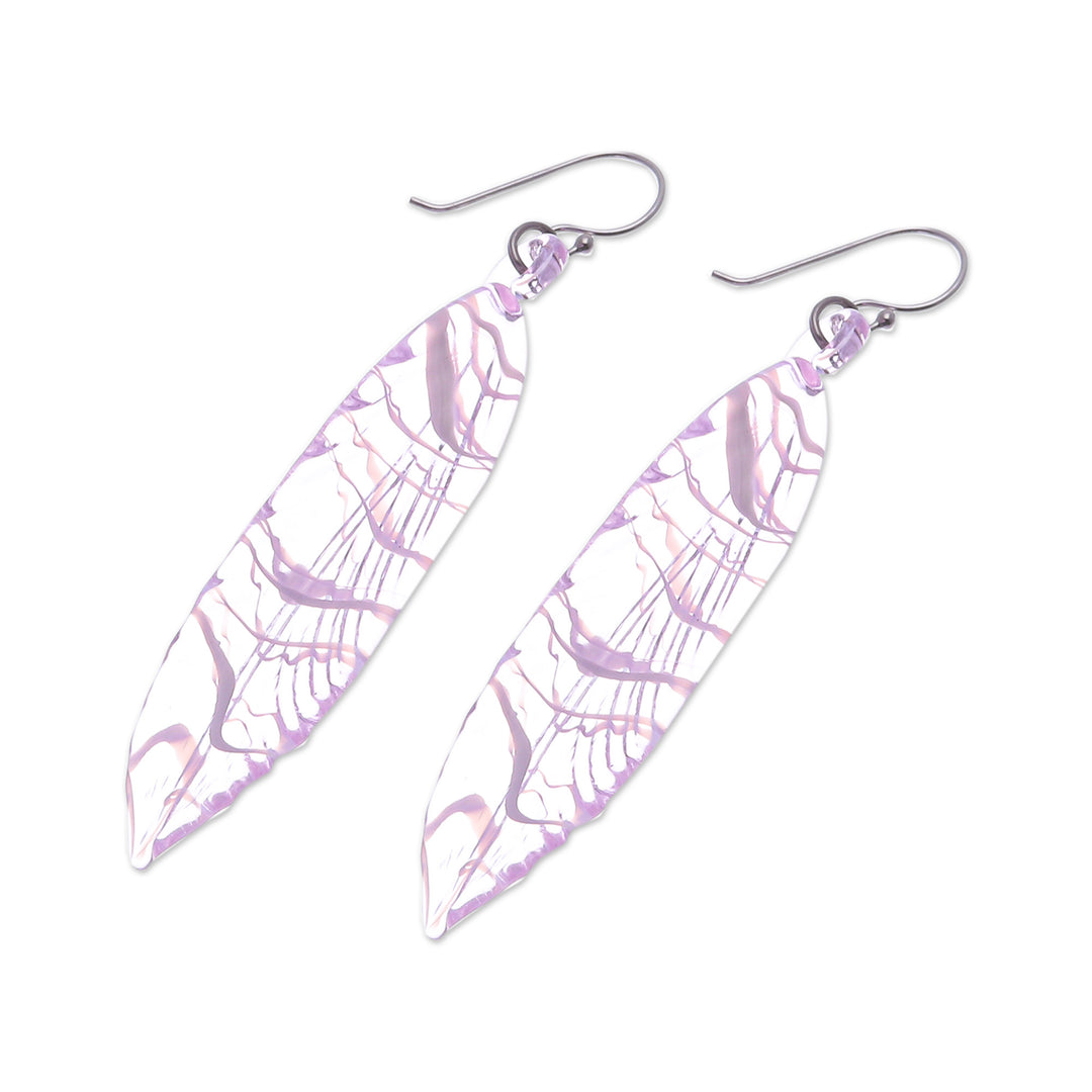 Handblown Leaf-Shaped Pink Glass Dangle Earrings - Ethereal Leaf