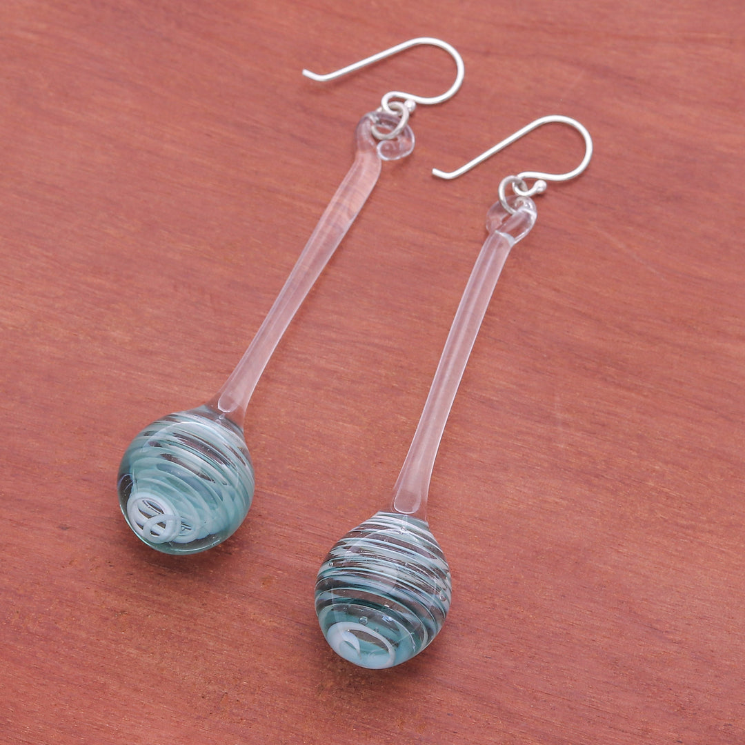 Handblown Abstract Blue and White Glass Dangle Earrings - Celestial Pendulum