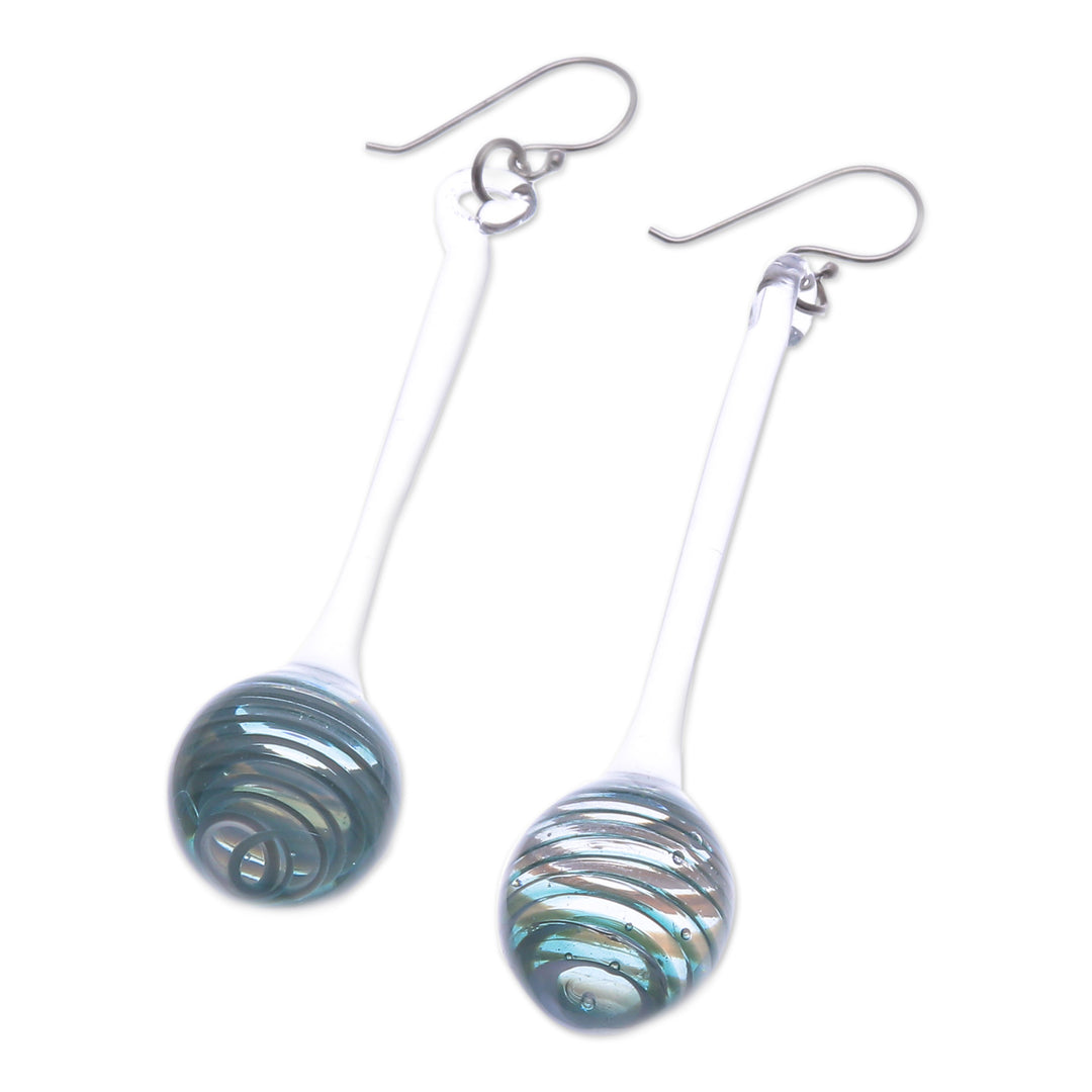 Handblown Abstract Blue and White Glass Dangle Earrings - Celestial Pendulum