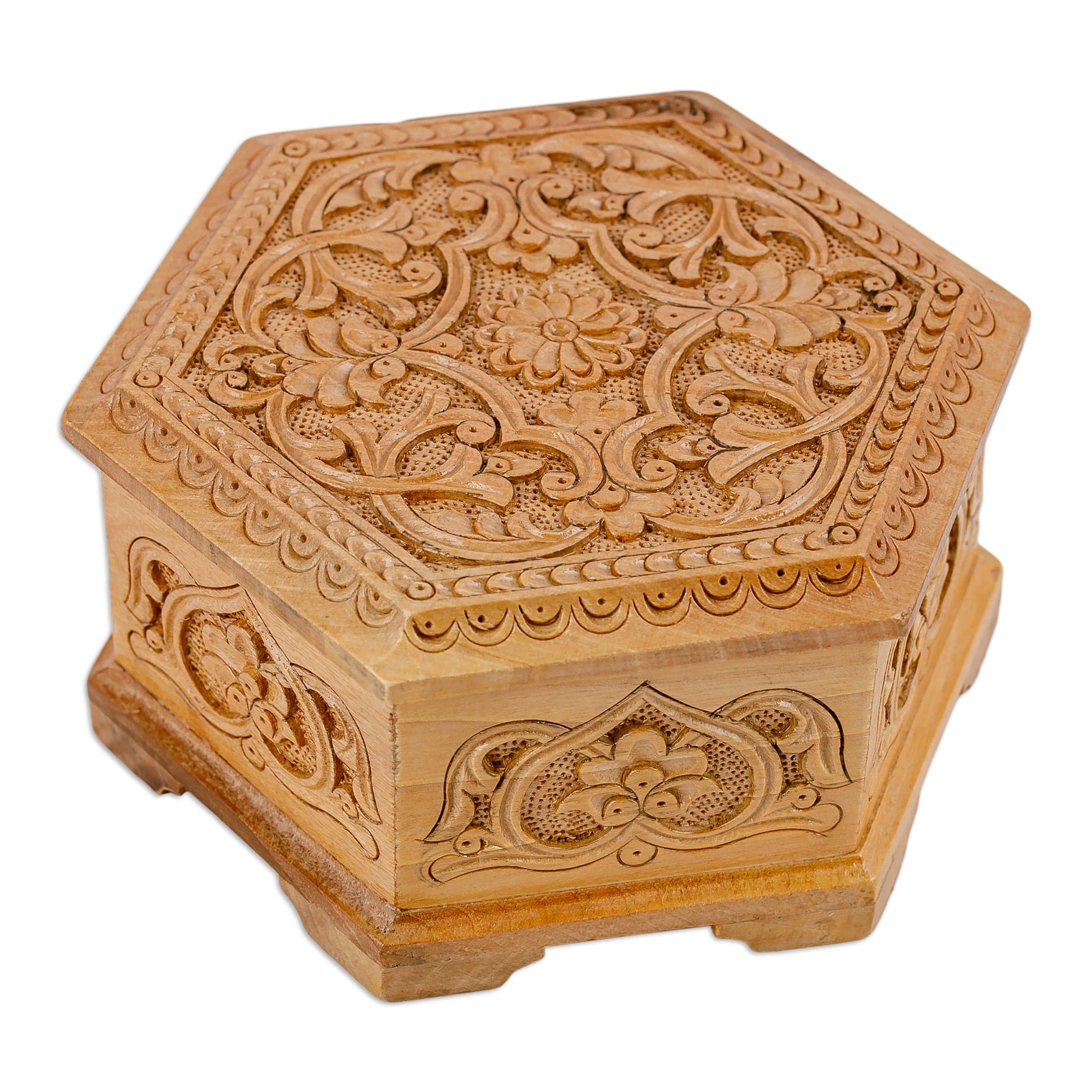 Jewelry box in hexagonal shape with rich inlays of selling pearl and noble woods.