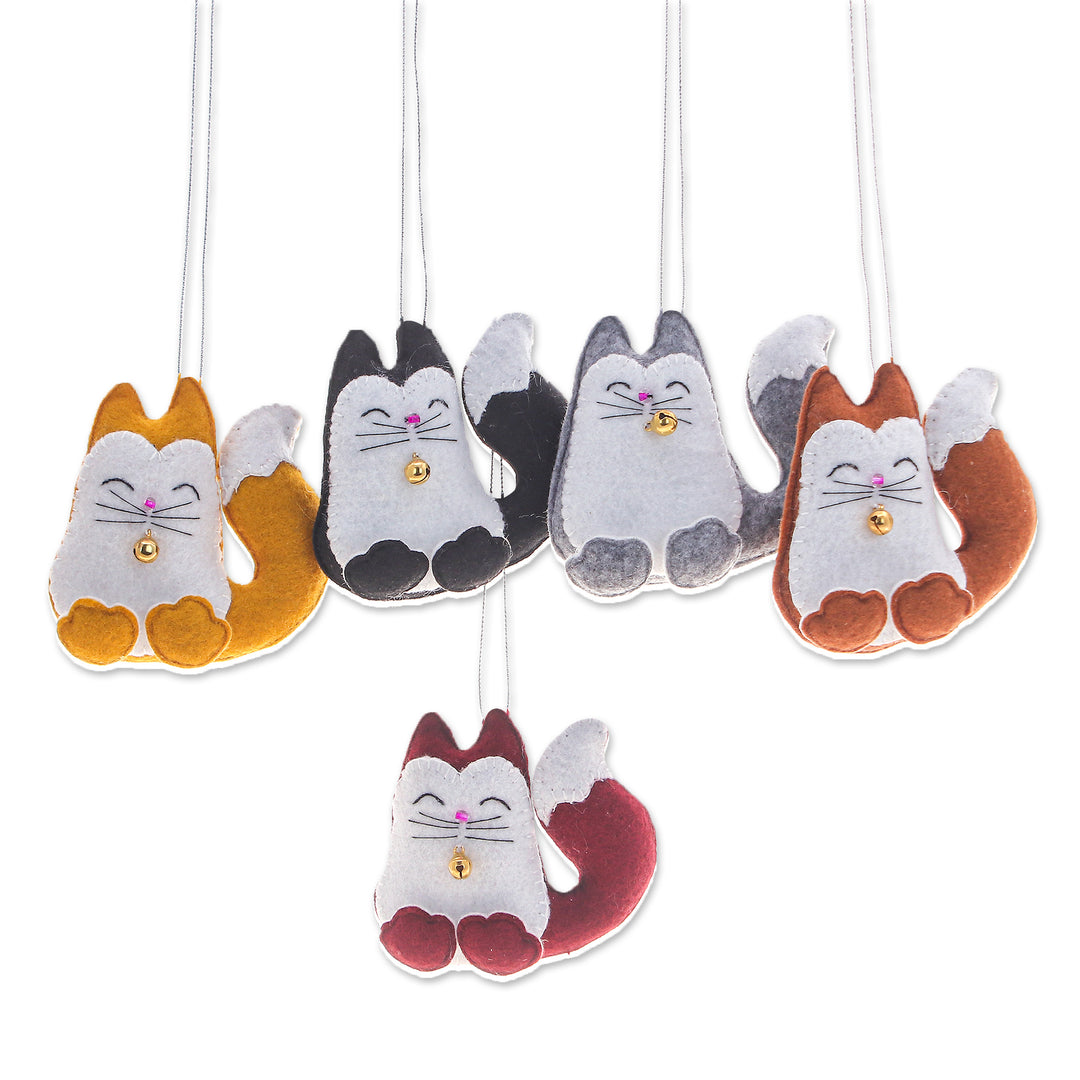 Set of Five Handcrafted Felt Cat Ornaments with Golden Bells - Colorful Meows
