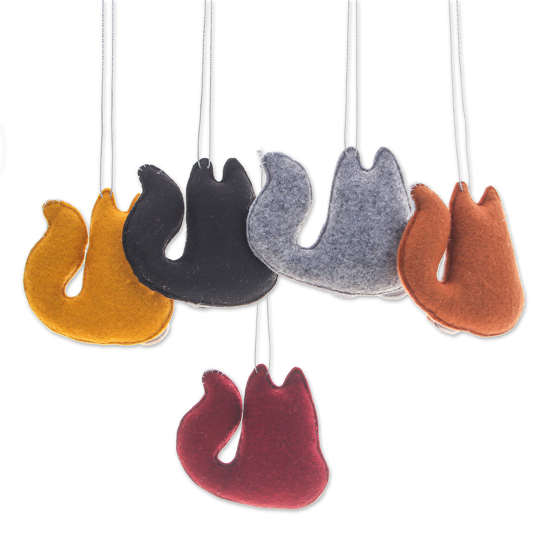Set of Five Handcrafted Felt Cat Ornaments with Golden Bells - Colorful Meows