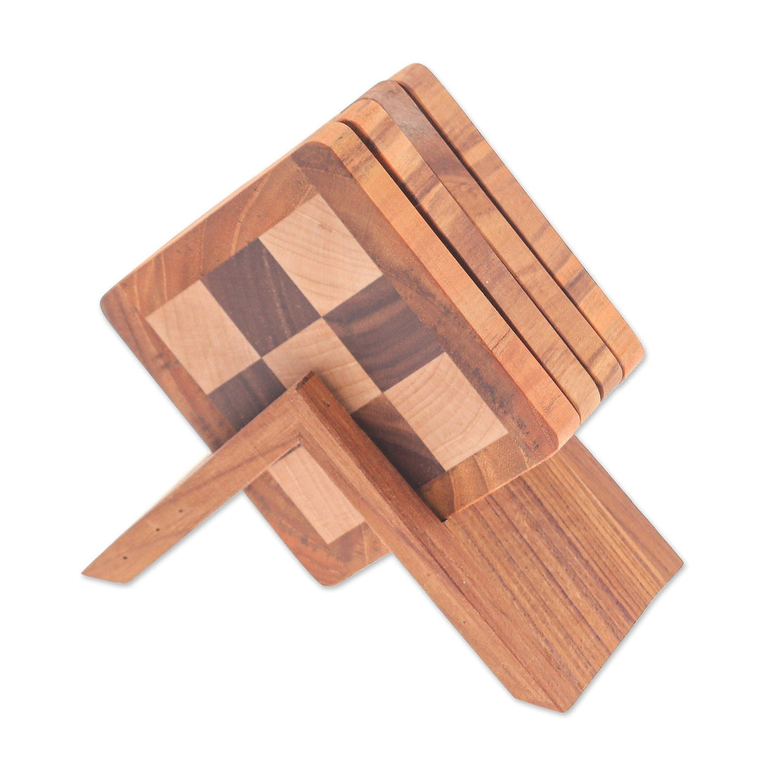 Set of 4 Hand-Carved Checkered Wood Coasters with Stand - Checkered Nature