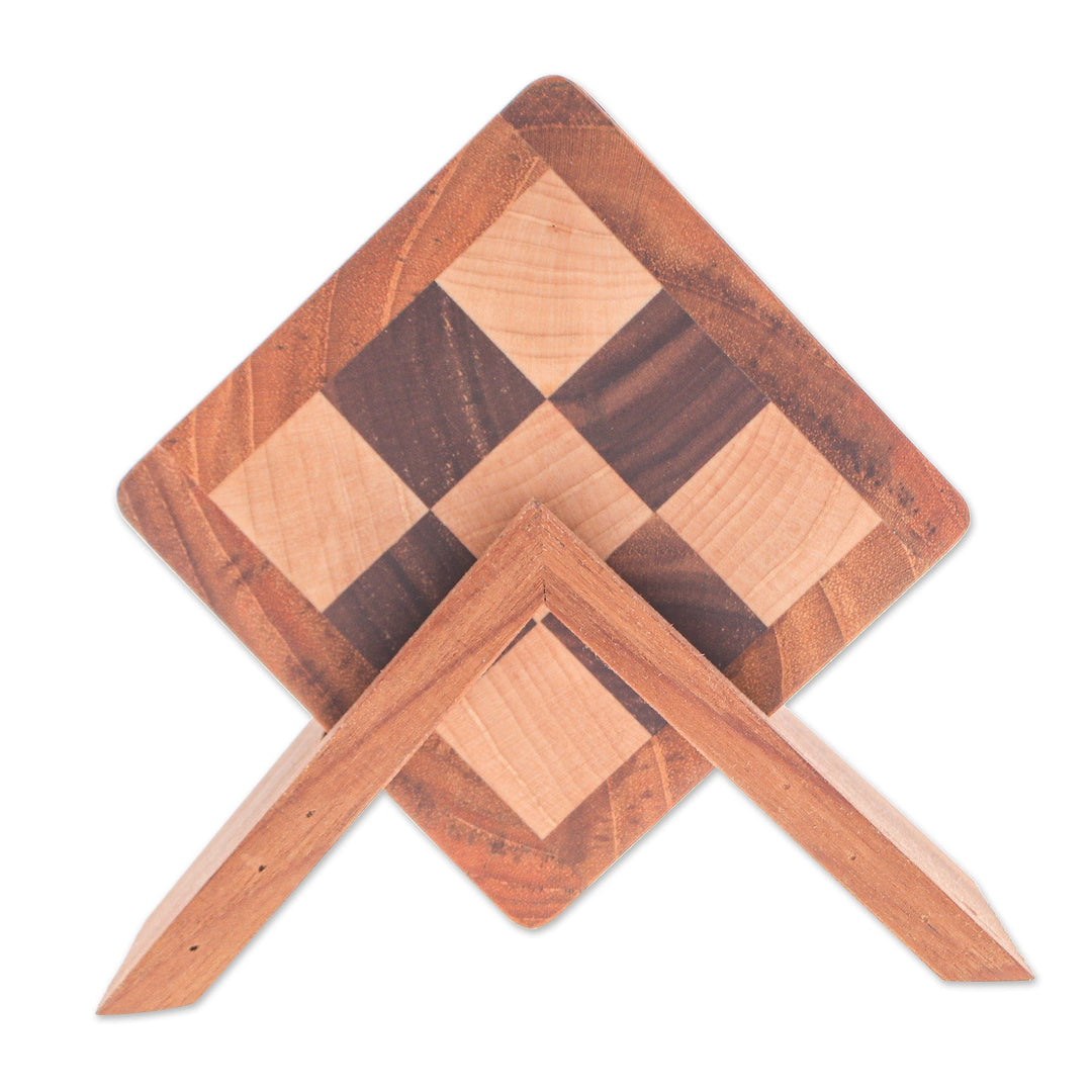 Set of 4 Hand-Carved Checkered Wood Coasters with Stand - Checkered Nature