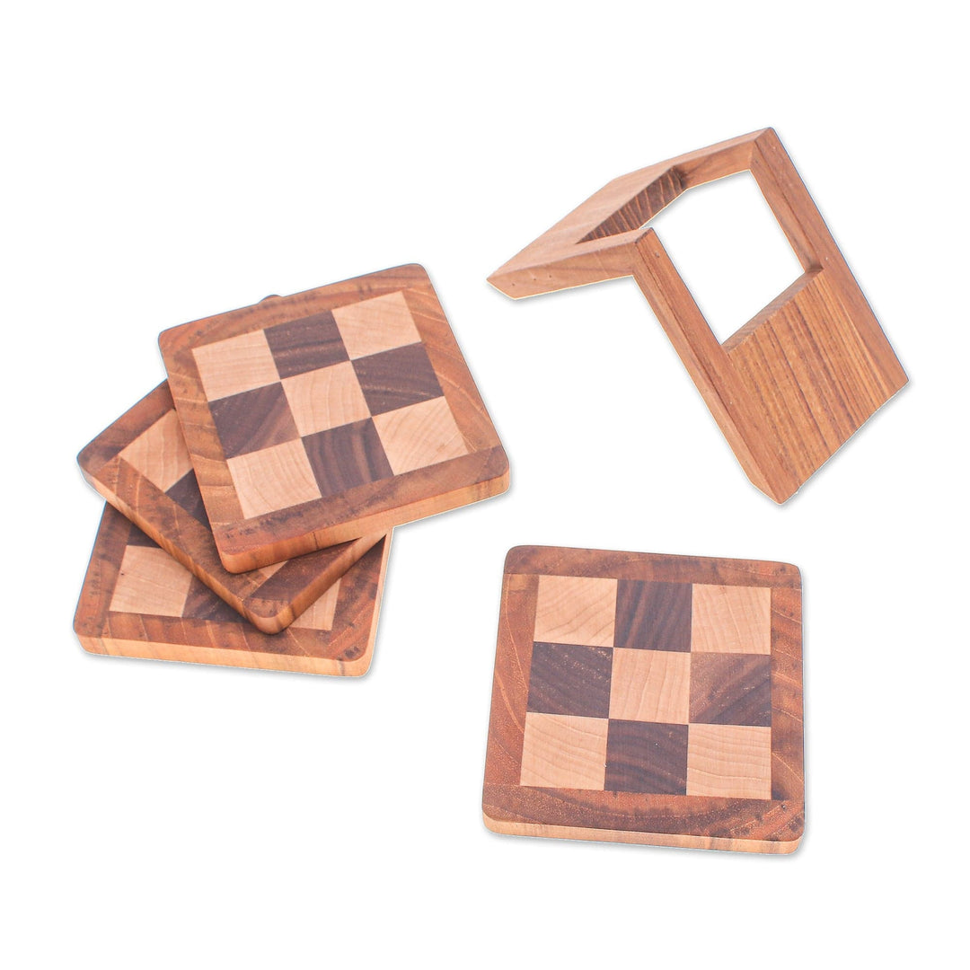 Set of 4 Hand-Carved Checkered Wood Coasters with Stand - Checkered Nature