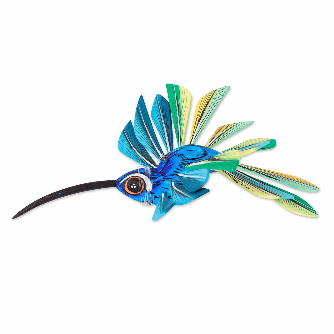 Wood Hanging Alebrije Hummingbird Sculpture in Blue - Cheerful Hummingbird
