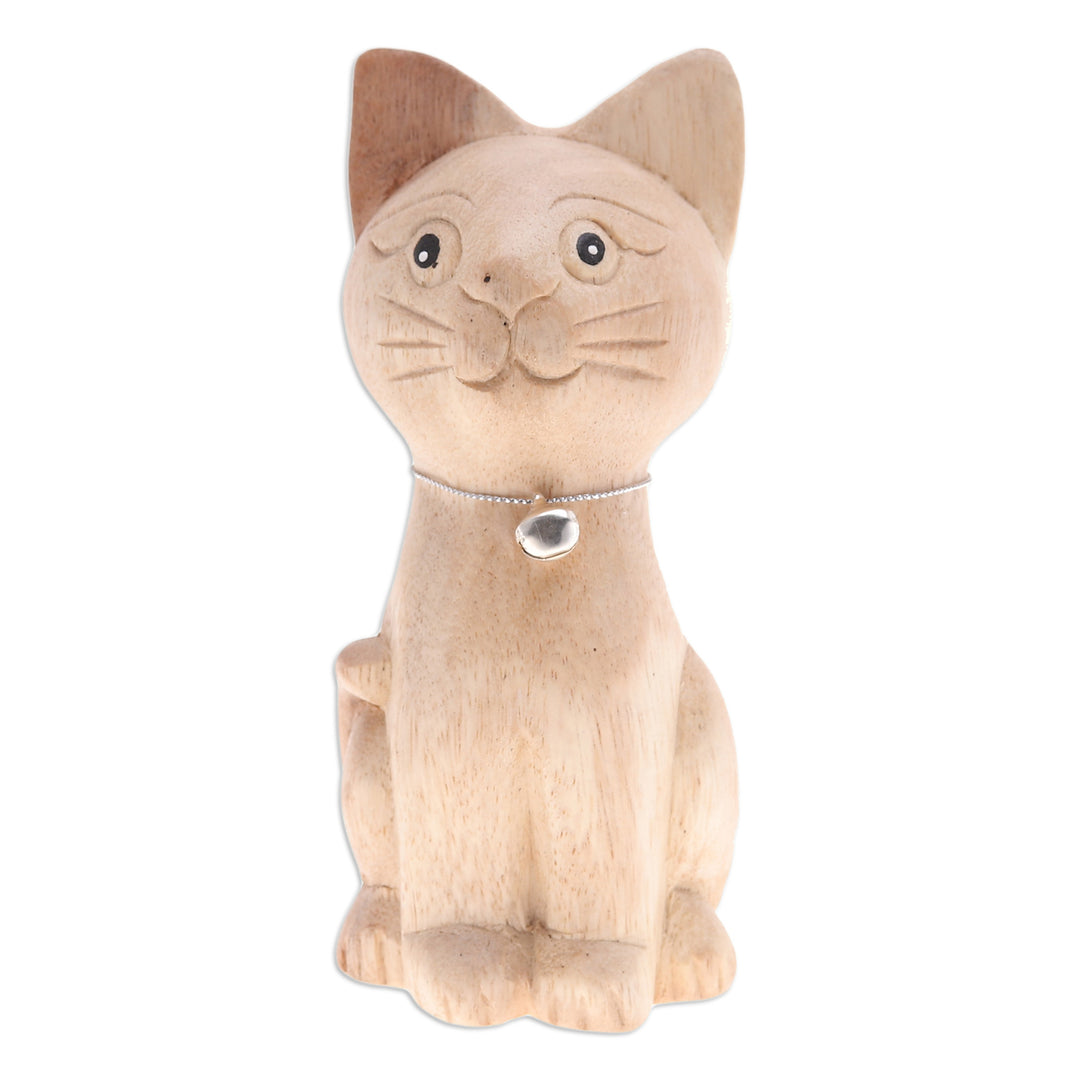 Hand-Carved Raintree Wood Cat Figurine with Aluminum Bell - Feline Melody