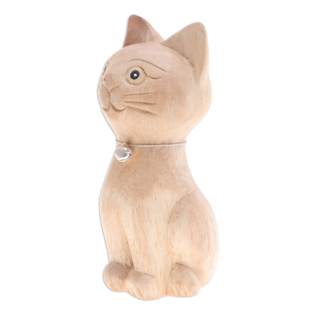 Hand-Carved Raintree Wood Cat Figurine with Aluminum Bell - Feline Melody