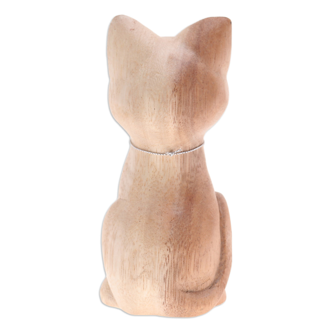 Hand-Carved Raintree Wood Cat Figurine with Aluminum Bell - Feline Melody