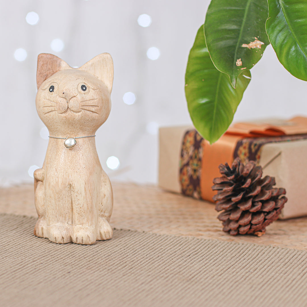 Hand-Carved Raintree Wood Cat Figurine with Aluminum Bell - Feline Melody